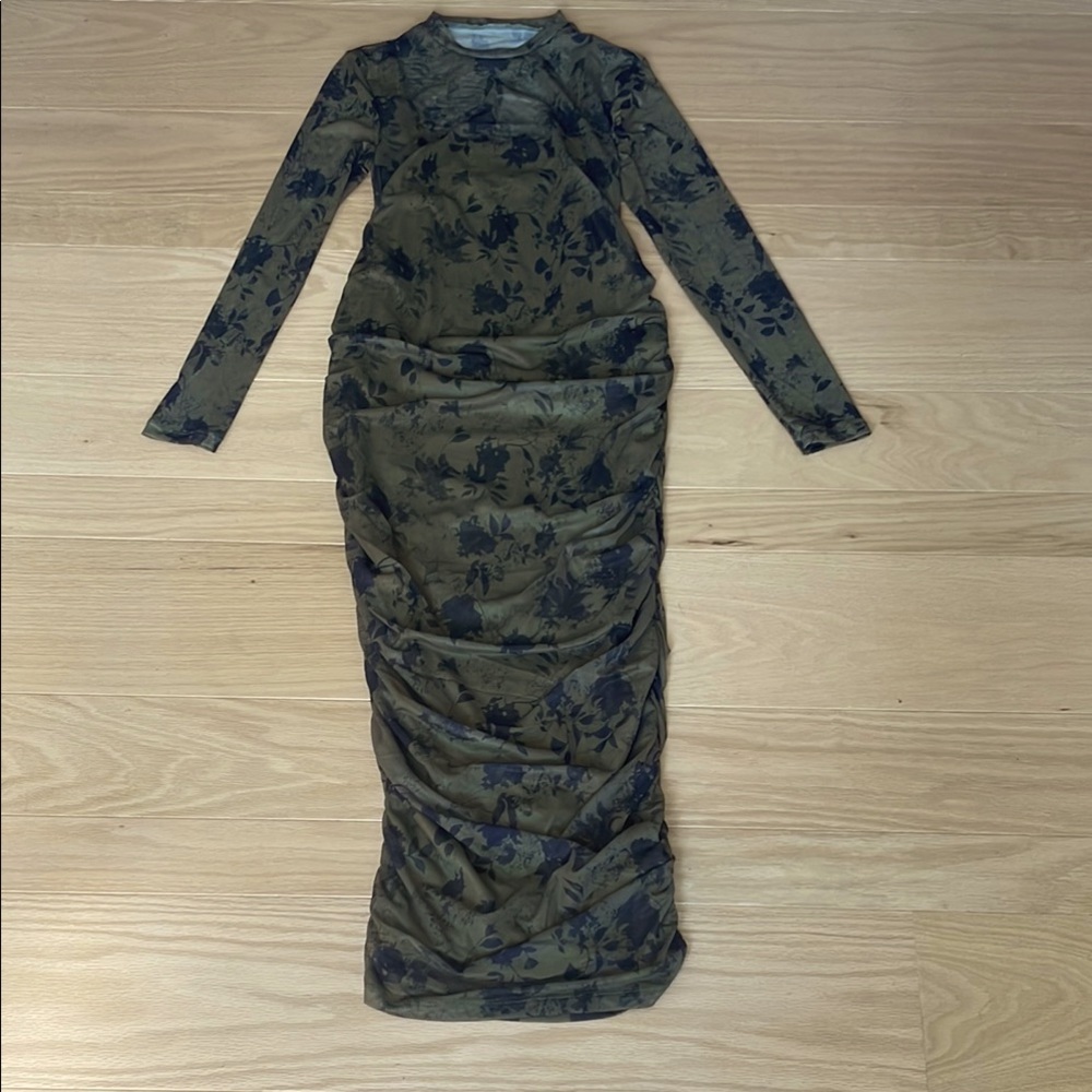 SHEIN Size Small / US 4 Olive Green with Black Flowers Long Sleeve Dress